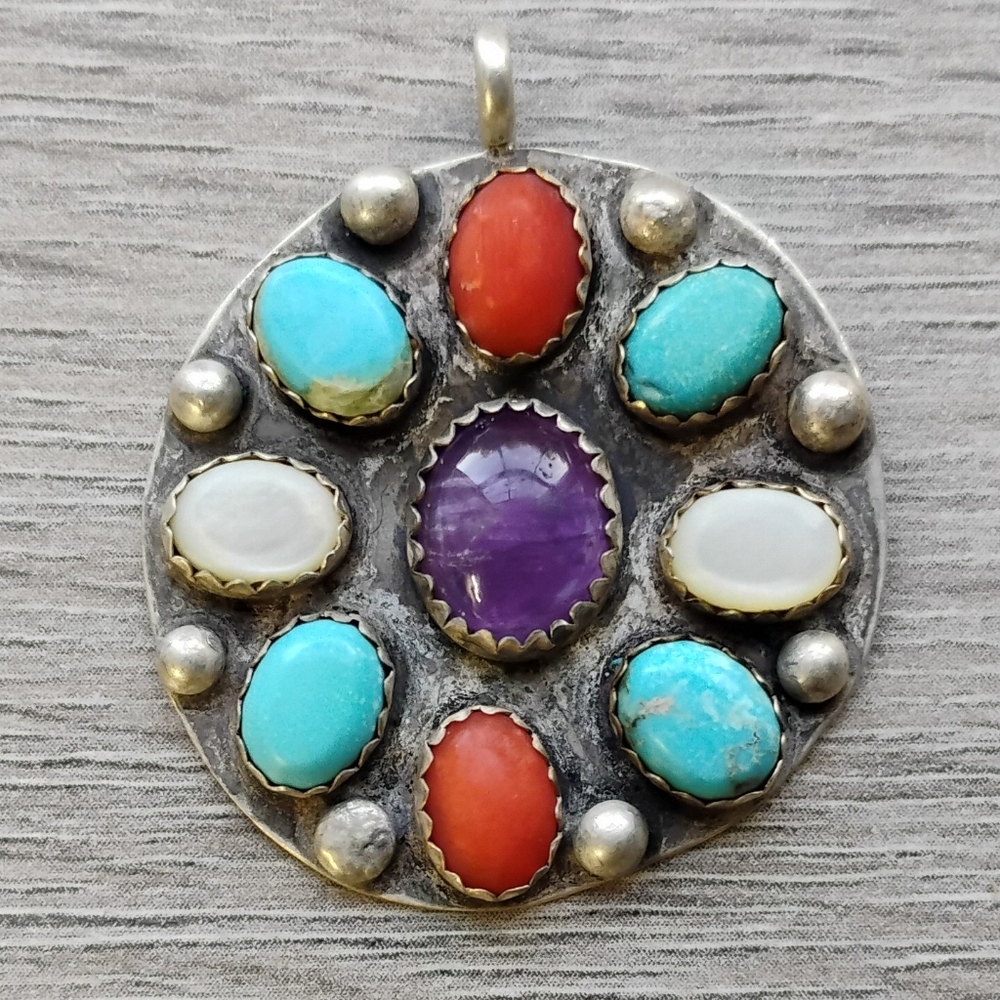 1977 Sterling Silver Multi Gemstone Pendant Handcrafted Turquoise Red Coral